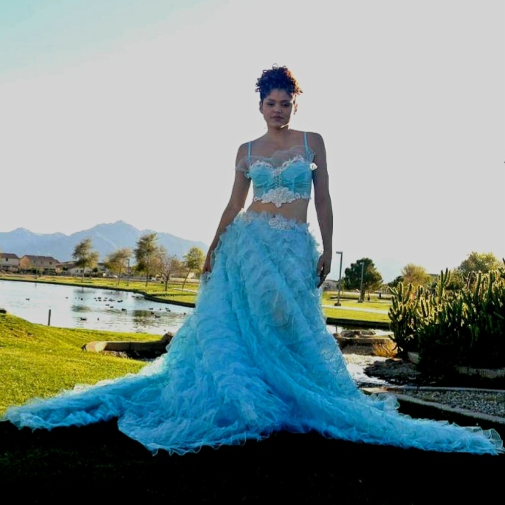 "MARINA" Ocean Blue & White Boho Wedding Ballgown Set
